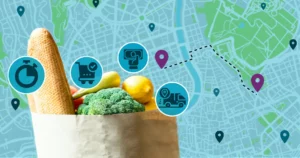 Q-Commerce Map with groceries and icons for 15 mins delivery