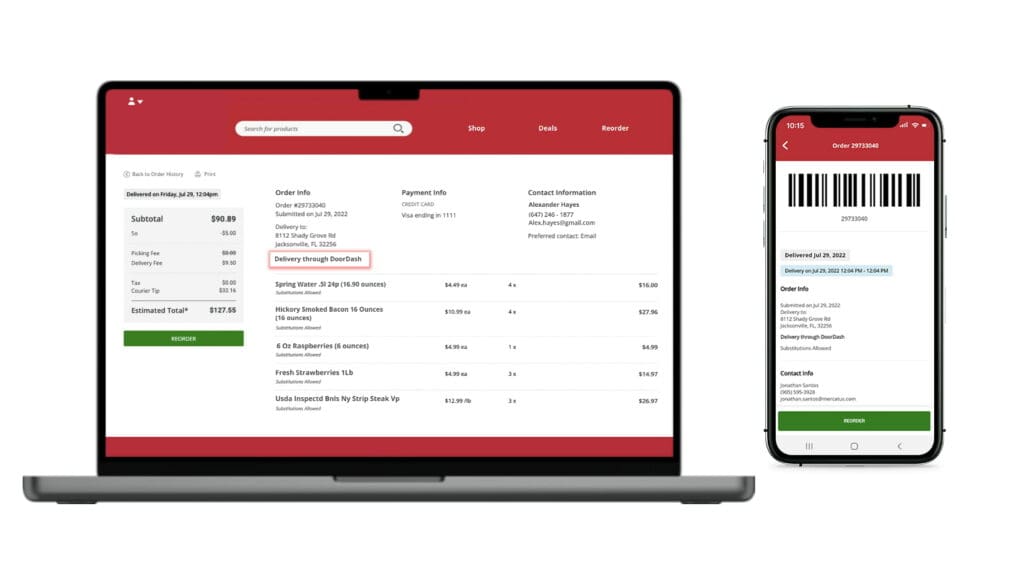 Customer places a delivery order via the white-label Mercatus platform