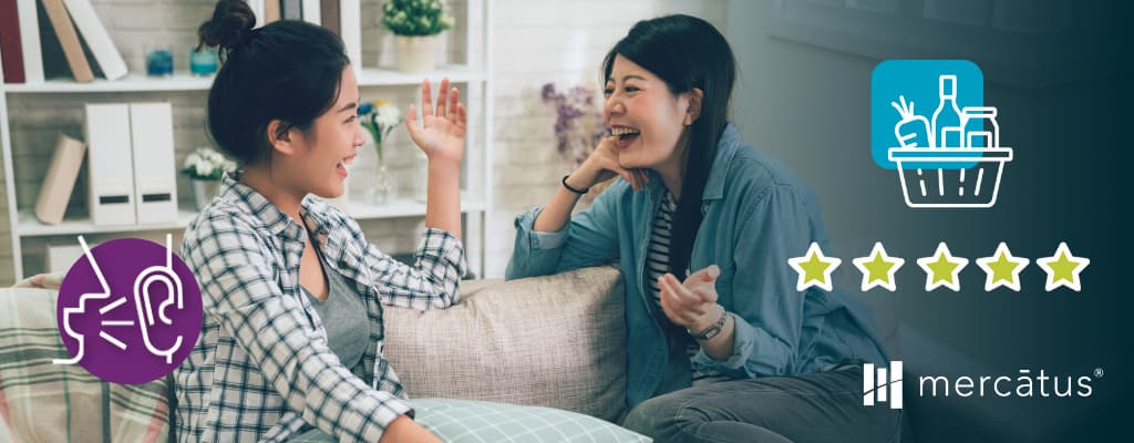 2 women having a conversation about a grocery ecommerce platform